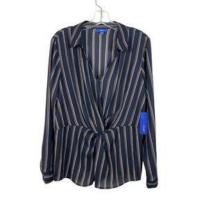 Apt. 9 NWT Long Sleeved Twist Front Collared Blouse Striped Black/Rust Size XL